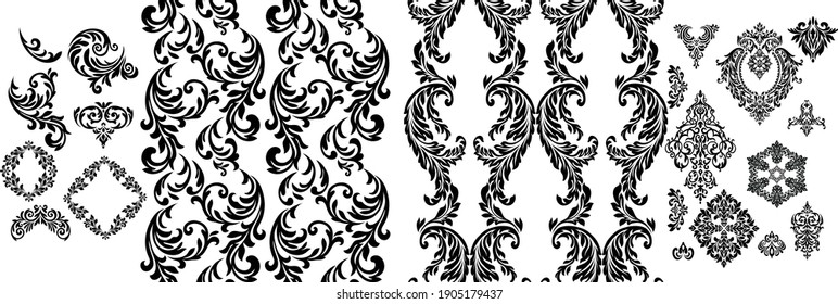 Set Vintage baroque frame scroll ornament engraving border floral retro pattern antique style acanthus foliage swirl decorative design element filigree calligraphy.