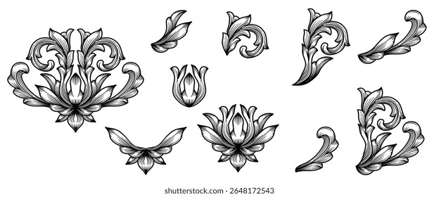 Set of vintage baroque frame scroll ornament. Classical ornamental arabesque victorian damask engraved decorative elements. Retro floral art acanthus, rococo, filigree, flourish, swirl vector design