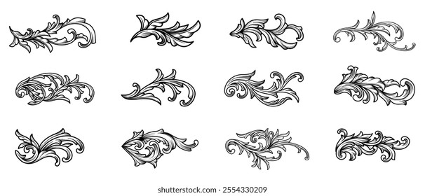 Set of vintage Baroque ornament. Victorian black line art, swirl flourish engraving ornamental elements vector design. Classical floral border elements, engraved leaves and frame filigree arabesque.