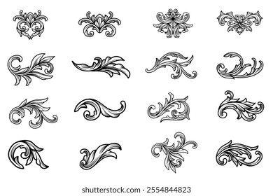 Set of vintage Baroque ornament. Victorian black line art, swirl flourish engraving ornamental elements vector design. Classical floral border elements, engraved leaves and frame filigree arabesque.