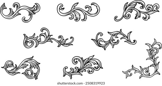 Set of vintage Baroque ornament,Vintage floral border elements, engraved leaves and frame filigree arabesque, Victorian black line art, swirl flourish engraving ornamental elements vector design.