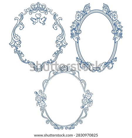  Set of Vintage Baroque Oval Frames with Floral and Dove Ornaments for Wedding Invitation Vector