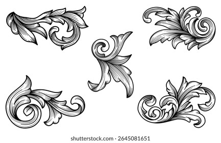 Set Vintage Baroque Scroll Leaf Ornament. Flourish Rococo Engraving Vector Element. Ornate Decoration, Art deco, filigree, swirl floral calligraphy collection.