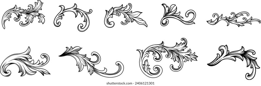 Set of Vintage Baroque Victorian element floral ornament leaf scroll engraved retro flower pattern decorative design. Vector damask patterns with flourishes calligraphic engraved ink style.