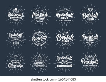 Set of vintage Baseball emblems and stamps. Baseball club, school, league badges, templates, stickers with rays. Collection of retro logos with hand-drawn text and phrases. Vector illustration.