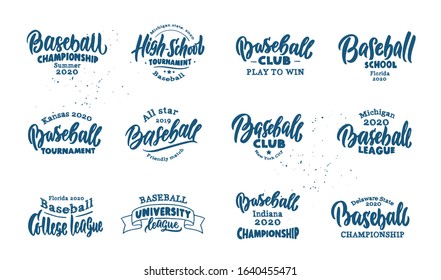 Set of vintage Baseball emblems and stamps. Baseball club, school, badges, templates,stickers isolated on white background. Collection of retro logos with hand-drawn text, phrases. Vector ilustration