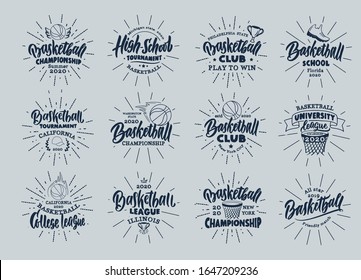 Set of vintage Basketball emblems and stamps. Basketball club, school badges, templates and stickers with rays. Collection of retro sport logos with hand-drawn phrases. Vector illustration.