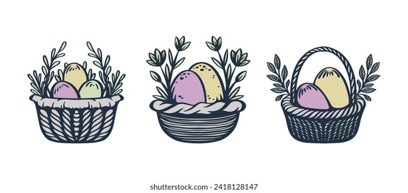 Set of vintage baskets with Easter eggs decorated flowers and leaves. Vector decorations collection.