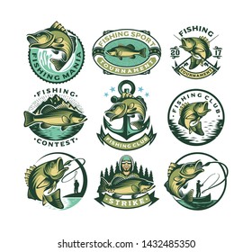 Set of vintage bass fishing labels, logo badges and design elements