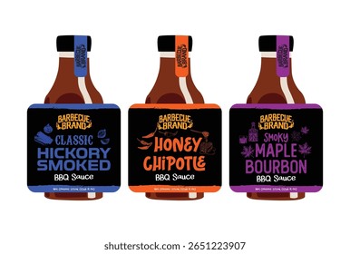 Set of vintage BBQ sauce labels featuring Classic Hickory Smoked, Honey Chipotle, and Maple Bourbon flavors. Ideal for food packaging, retro branding, and culinary design projects.