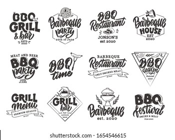 Set of vintage BBQ time emblems and stamps. BBQ season badges, stickers on white background isolated. Collection of retro logos with hand-drawn text, phrases. Vector illustration.