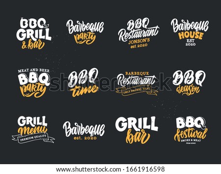 Set of vintage BBQ time phrases. Food emblems, badges, templates, stickers on dark background. Collection of retro logos with hand-drawn text. Vector illustration