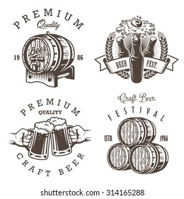 Set of vintage beer brewery emblems, labels, logos, badges and designed elements. Monochrome style. Isolated on white background