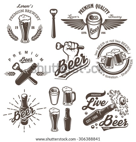 Set of vintage beer brewery emblems, labels, logos, badges and designed elements. Monochrome style. Isolated on white background
