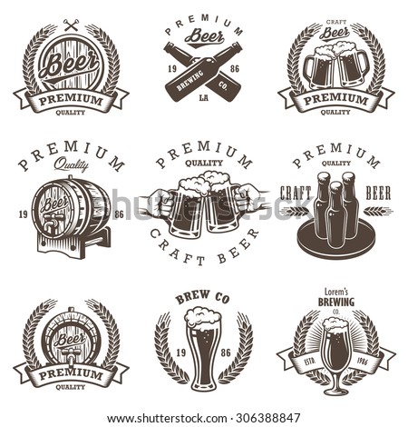 Set of vintage beer brewery emblems, labels, logos, badges and designed elements. Monochrome style. Isolated on white background