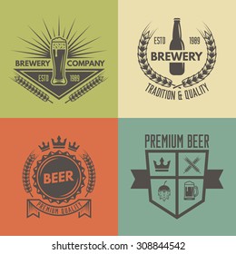 Set of vintage beer and brewery isolated vector monochrome labels, badges and emblems
