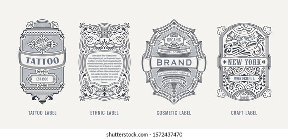 Set of Vintage beer frames and labels. Craft premium logos. Design emblems on background. Vector stickers for drinks bottles and cans. Template beer label. Advertising calligraphic sticker