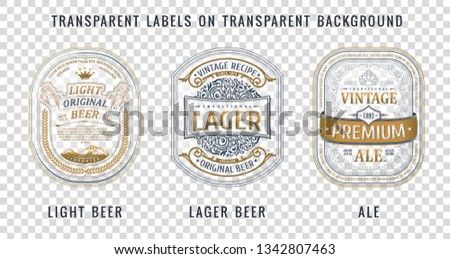 Set of Vintage beer frames and labels. Golden premium logos. Design emblems on transparent background. Vector stickers for drinks bottles and cans. Template place for text. Advertising banner