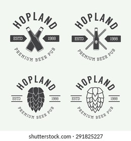Set of vintage beer and pub logos, labels and emblems with bottles, hops, and wheat