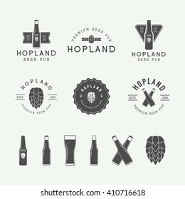 Set of vintage beer and pub logos, labels and emblems with bottles, hops, and wheat. Vector Illustration
