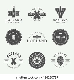 Set of vintage beer and pub logos, labels and emblems with bottles, hops, wheat and design elements. Vector Illustration
