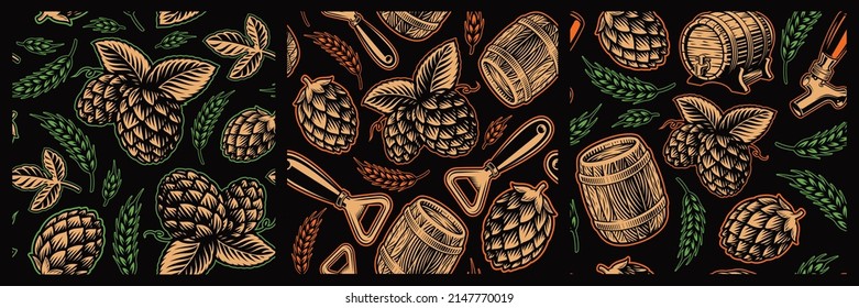 Set of vintage beer seamless backgrounds