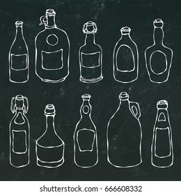 Set of Vintage Beer and Vine Bottles. Isolated on a Black Chalkboard Background. Realistic Doodle Cartoon Style Hand Drawn Sketch Vector Illustration.