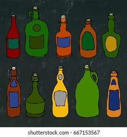 Set of Vintage Beer and Vine Bottles. Isolated on a Black Chalkboard Background. Realistic Doodle Cartoon Style Hand Drawn Sketch Vector Illustration.