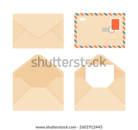 Set of vintage beige envelopes in different styles, including closed, open, and with a letter. Mail, correspondence, and stationery concept. Flat vector illustration isolated on white background