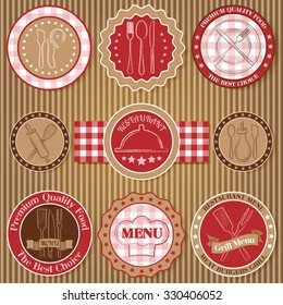 Set of vintage beige and red restaurant badges on paperboard background vector illustration