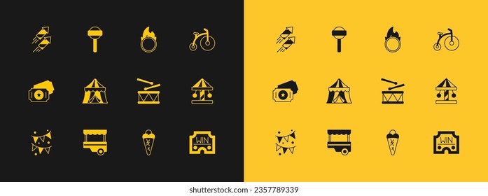 Set Vintage bicycle, Fast street food cart, Drum with drum sticks, Ice cream waffle, Circus tent, fire hoop, Firework rocket and Lollipop icon. Vector