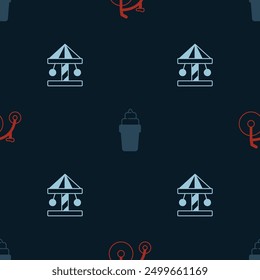 Set Vintage bicycle, Ice cream waffle and Attraction carousel on seamless pattern. Vector