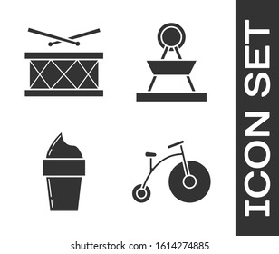 Set Vintage bicycle with one big wheel and one small, Drum with drum sticks, Ice cream in waffle cone and Attraction carousel icon. Vector