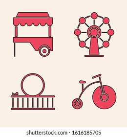 Set Vintage bicycle with one big wheel and one small, Fast street food cart with awning, Ferris wheel and Roller coaster icon. Vector