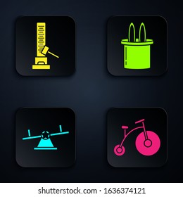 Set Vintage bicycle with one big wheel and one small, High striker attraction with big hammer, Seesaw and Magician hat and rabbit ears. Black square button. Vector