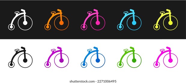 Set Vintage bicycle with one big wheel and one small icon isolated on black and white background. Bike public transportation sign.  Vector