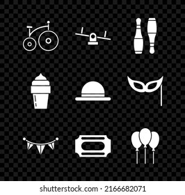 Set Vintage bicycle, Seesaw, Bowling pin, Carnival garland with flags, Circus ticket, Balloons ribbon, Ice cream and Clown hat icon. Vector