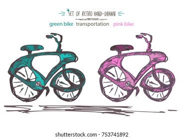 Set vintage bicycle vector illustration. Retro Hand-drawn bike in Ink brush sketch style isolated on white background. Great design for any purposes
