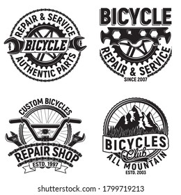 Set of vintage bicycles club logo designs,  downhill bikers grange print stamps, bicycles repair shop creative typography emblems, Vector