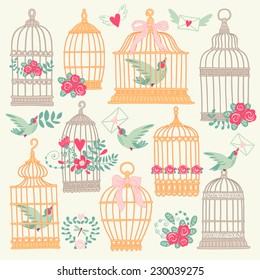 Set With Vintage Bird Cage.