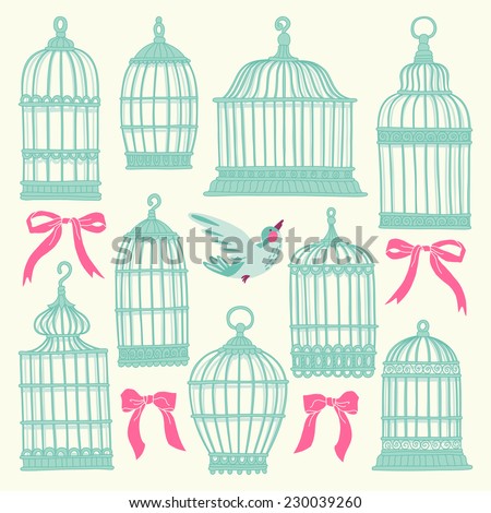 Set with vintage bird cage.