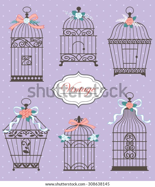 Set Vintage Bird Cages Decorated Flowers Stock Vector Royalty