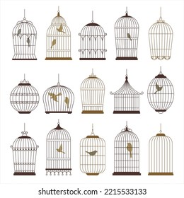 Set of vintage bird cages. Old retro cages with bird silhouettes isolated on white background. Interior decor element design. Metal cages. Cartoon flat vector illustration