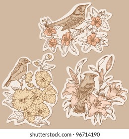 Set of Vintage Birds and Flowers on tags - hand drawn in vector