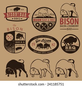 Set of vintage bison icons, emblems and labels