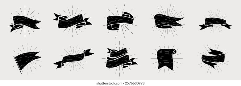 Set of vintage black banners with rays. Retro banners in various shapes. Decorative banners for design. Classic banners for vintage style projects. Ribbon banner vector set.