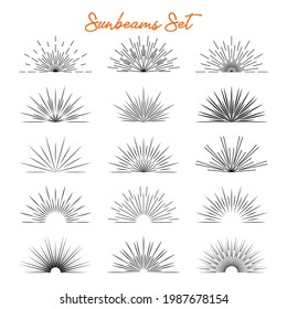 Set of vintage black bursting rays, half sun, sunset, firework, spark, starburst, explosion. Vector graphic flat design elements sunrise light burst line shine sunshine sunbeam retro border