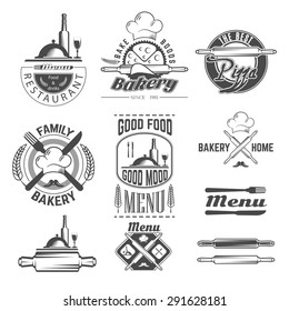 Set of vintage black and white bakery and menu card emblems, labels and designed elements