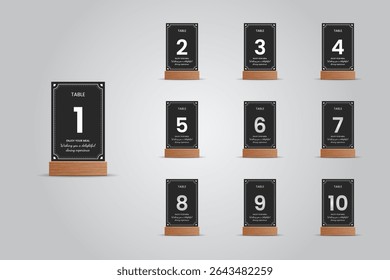 set of Vintage Black and White Restaurant Table Number Stand Mockup with Wooden Stand