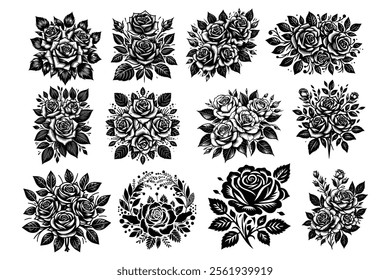 Set of Vintage Black and White Rose Bouquets for Design Elements